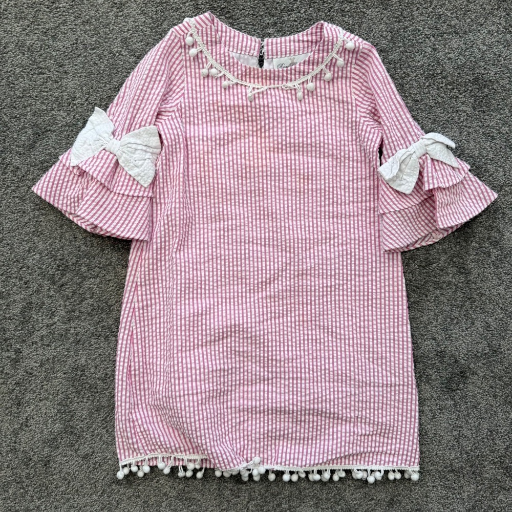 Rare Editions Girls Pink White Seersucker Stripe Pom Pom Bow Dress Kids Size 6X